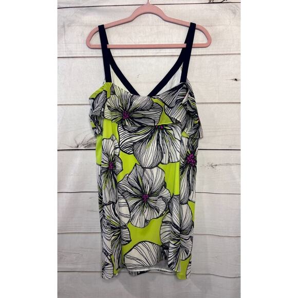 Trina Turk Size 14 Dress Neon Yellow Navy Trim Flowers - Picture 5 of 5